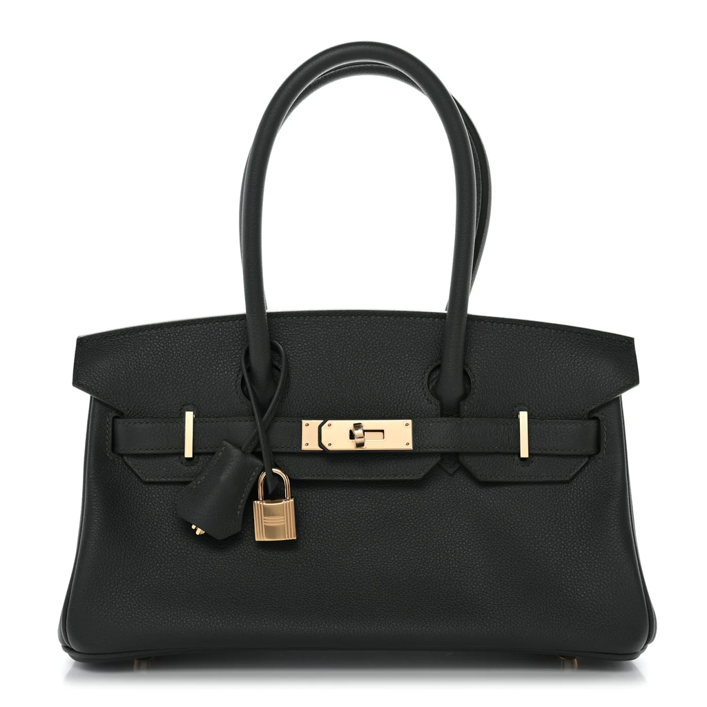 Classic 30cm Structured Top Handle Bag in Black Grained Leather | Gold Hardware