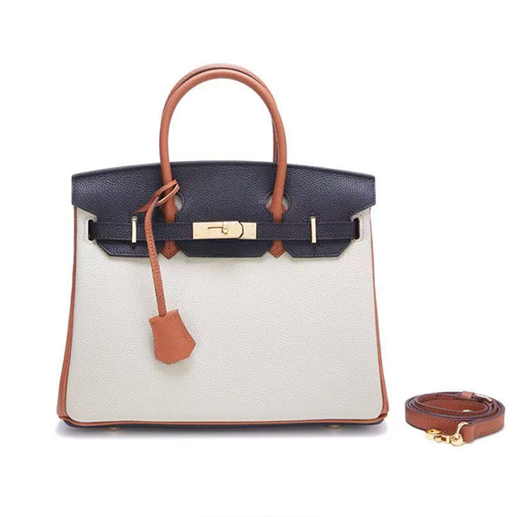 Luxury Designer Leather Handbag | Navy, Ivory & Saddle Brown Colorblock Genuine Leather