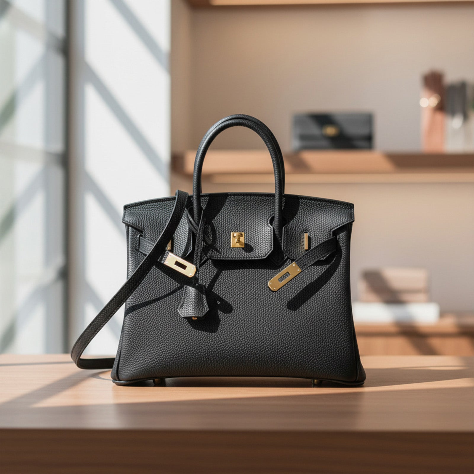 Classic 30cm Structured Top Handle Bag in Black Grained Leather | Gold Hardware