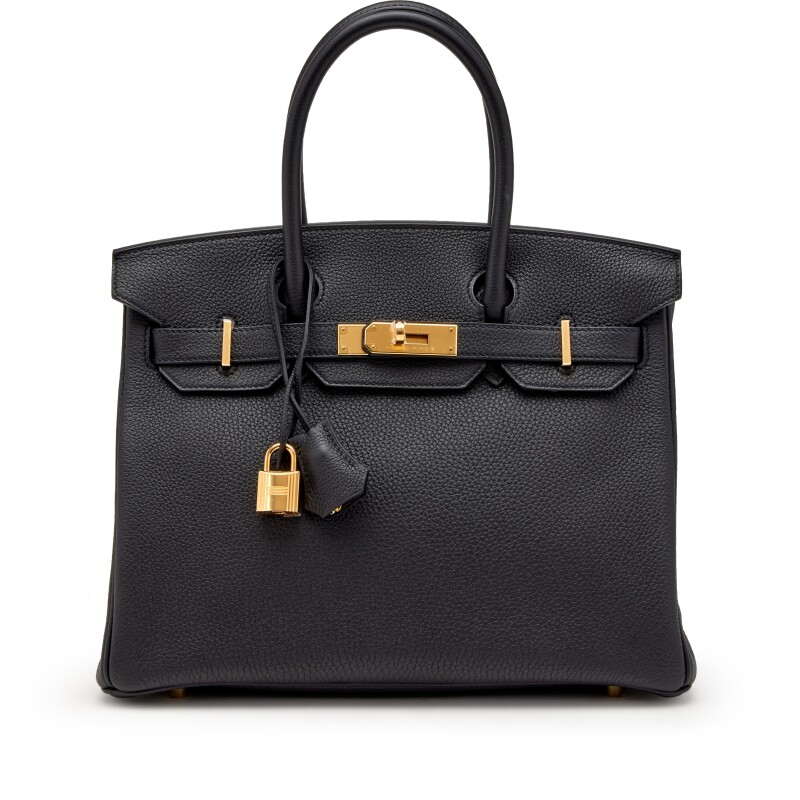 Classic 30cm Structured Top Handle Bag in Black Grained Leather | Gold Hardware