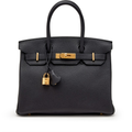 Classic 30cm Structured Top Handle Bag in Black Grained Leather | Gold Hardware
