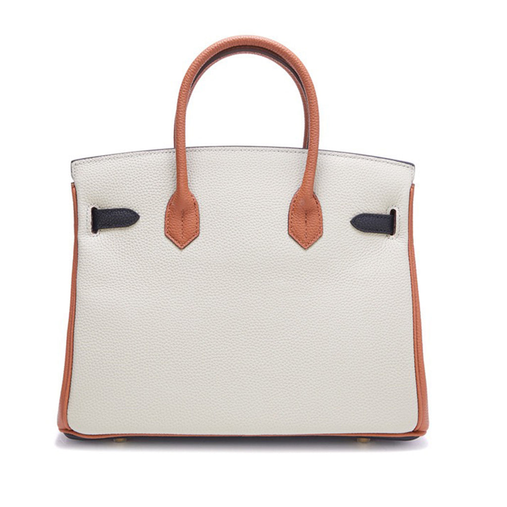 Luxury Designer Leather Handbag | Navy, Ivory & Saddle Brown Colorblock Genuine Leather