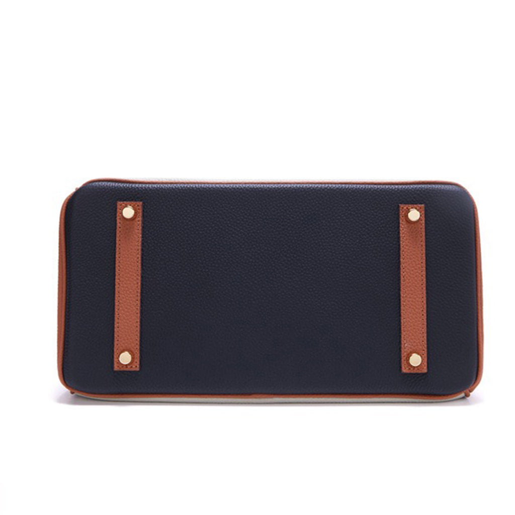 Luxury Designer Leather Handbag | Navy, Ivory & Saddle Brown Colorblock Genuine Leather