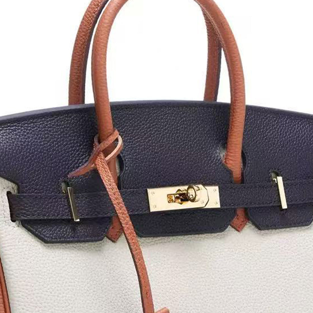 Luxury Designer Leather Handbag | Navy, Ivory & Saddle Brown Colorblock Genuine Leather