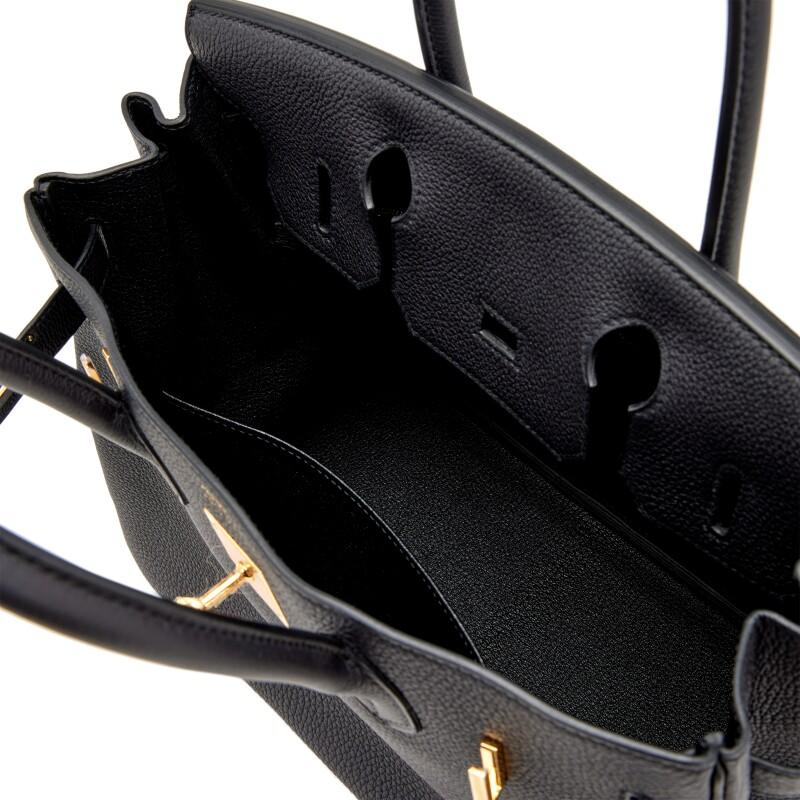 Classic 30cm Structured Top Handle Bag in Black Grained Leather | Gold Hardware