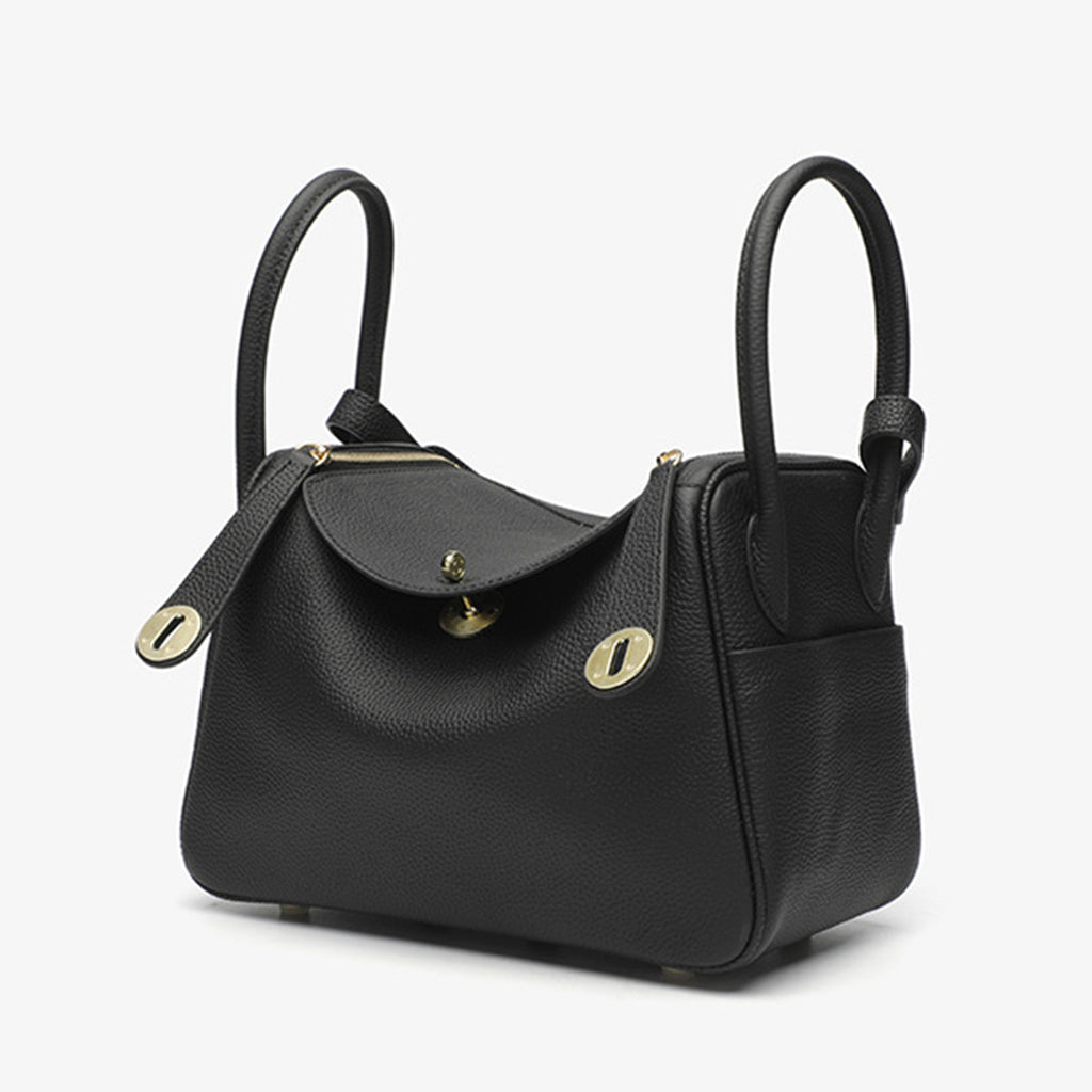 Luxury Designer Leather Handbag 19cm | Deep Black Pebbled Genuine Leather
