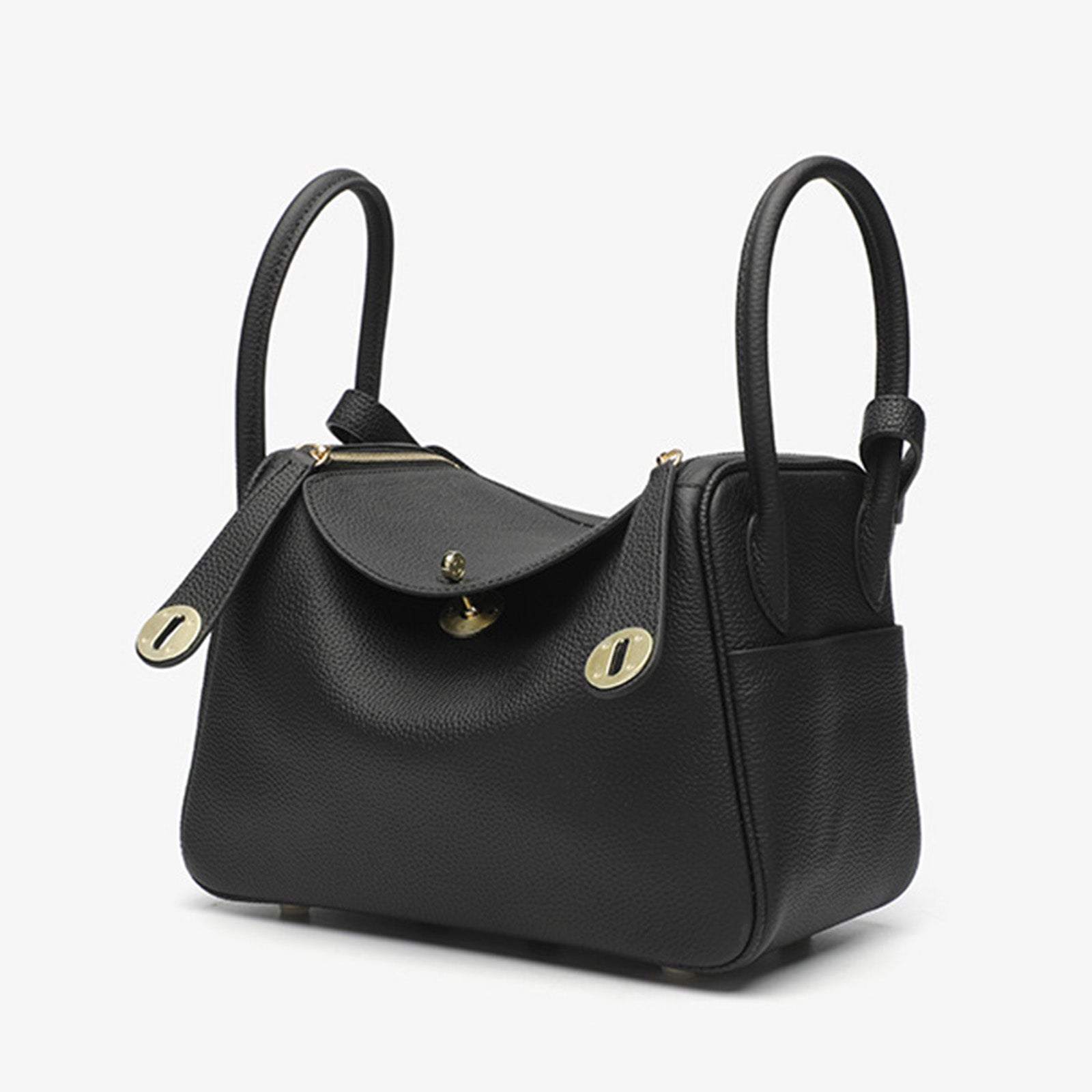 Luxury Designer Leather Handbag 19cm | Deep Black Pebbled Genuine Leather