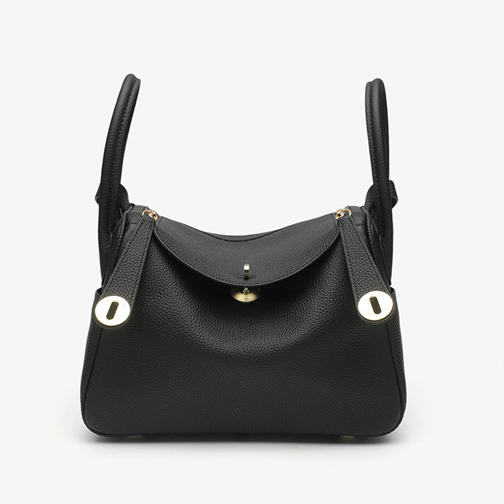 Luxury Designer Leather Handbag 19cm | Deep Black Pebbled Genuine Leather