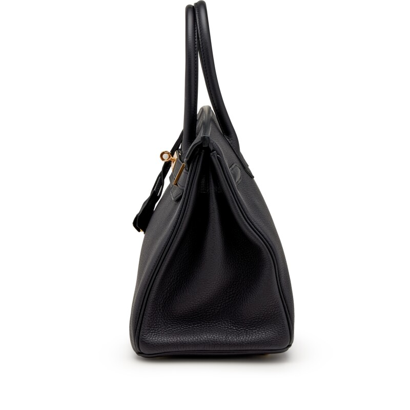 Classic 30cm Structured Top Handle Bag in Black Grained Leather | Gold Hardware