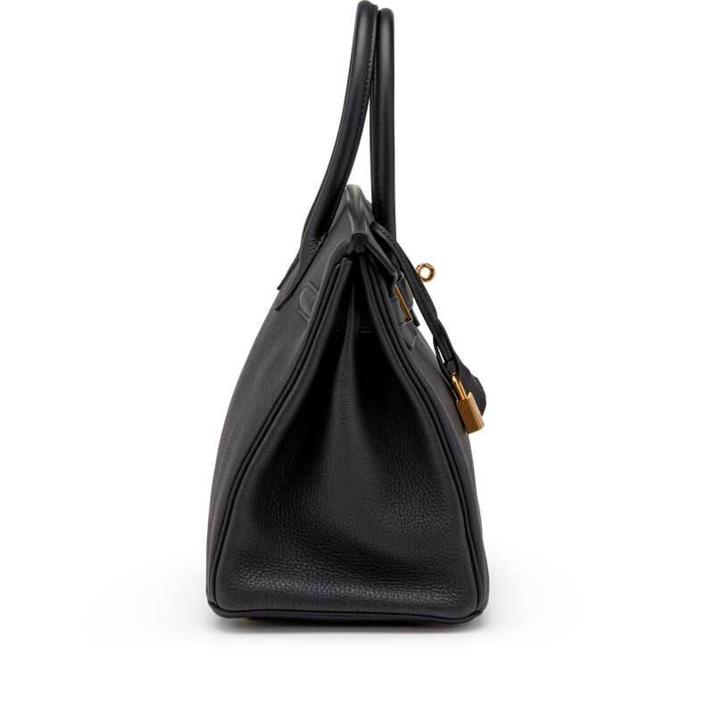 Classic 30cm Structured Top Handle Bag in Black Grained Leather | Gold Hardware